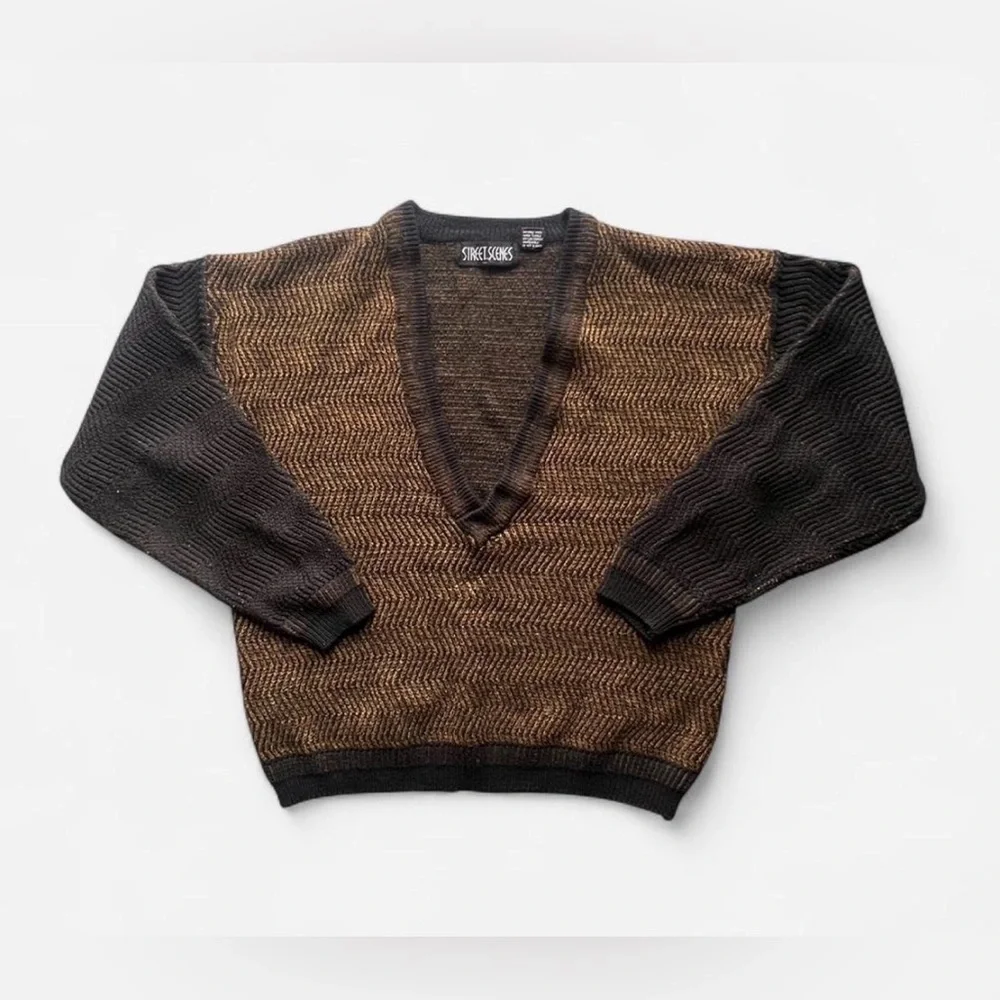 Vintage 90’s Street Scenes Acrylic Deep V-Neck Brown & Black Sweater Men’s S - Picture 1 of 5